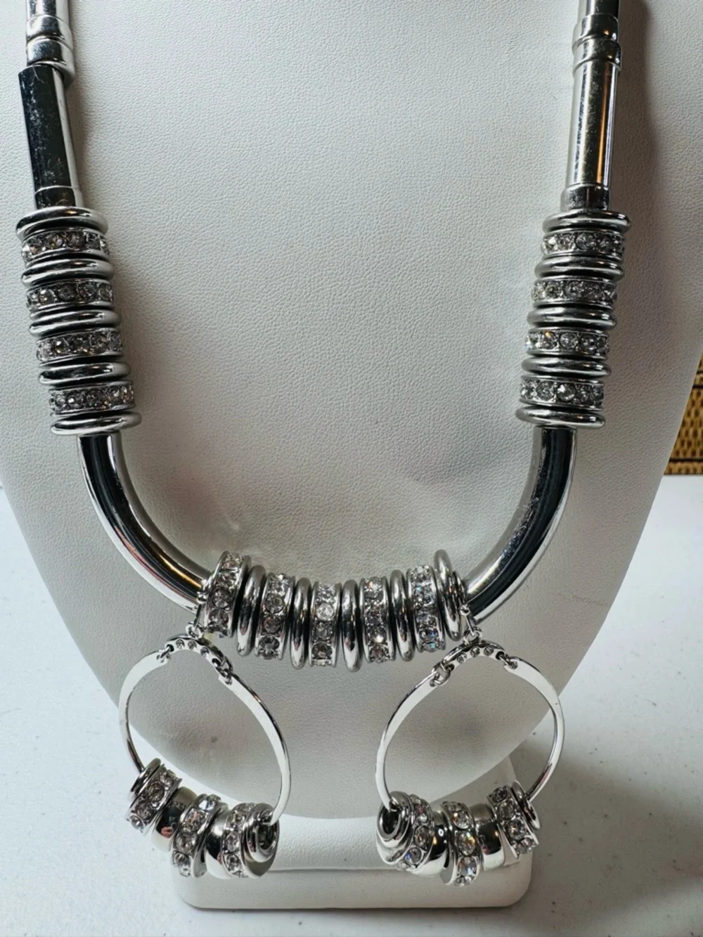 Silver-Tone and Rhinestone Statement Necklace and Hoop Earrings Set